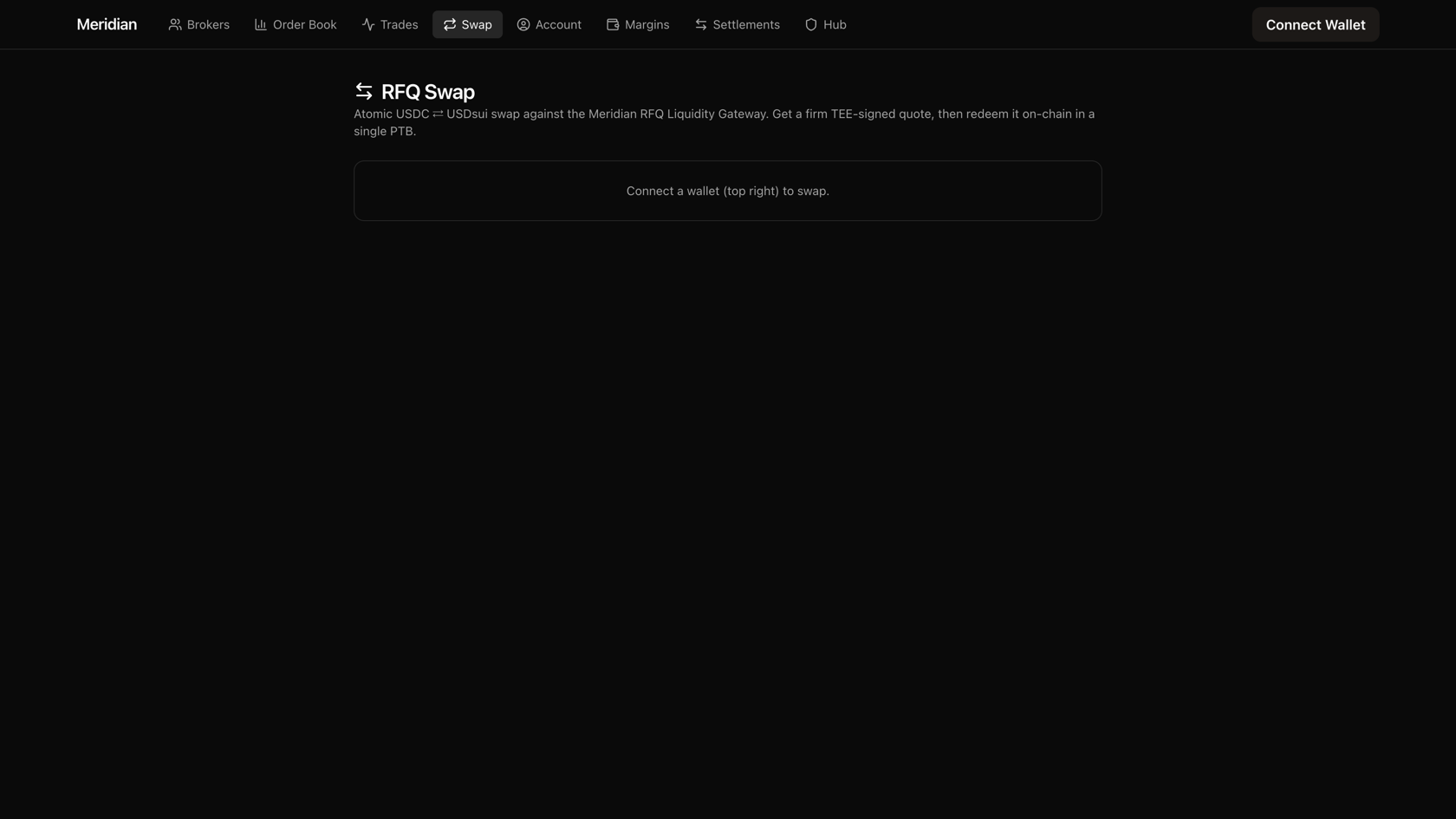Meridian RFQ Swap UI: atomic USDC/USDsui swap via the Liquidity Gateway