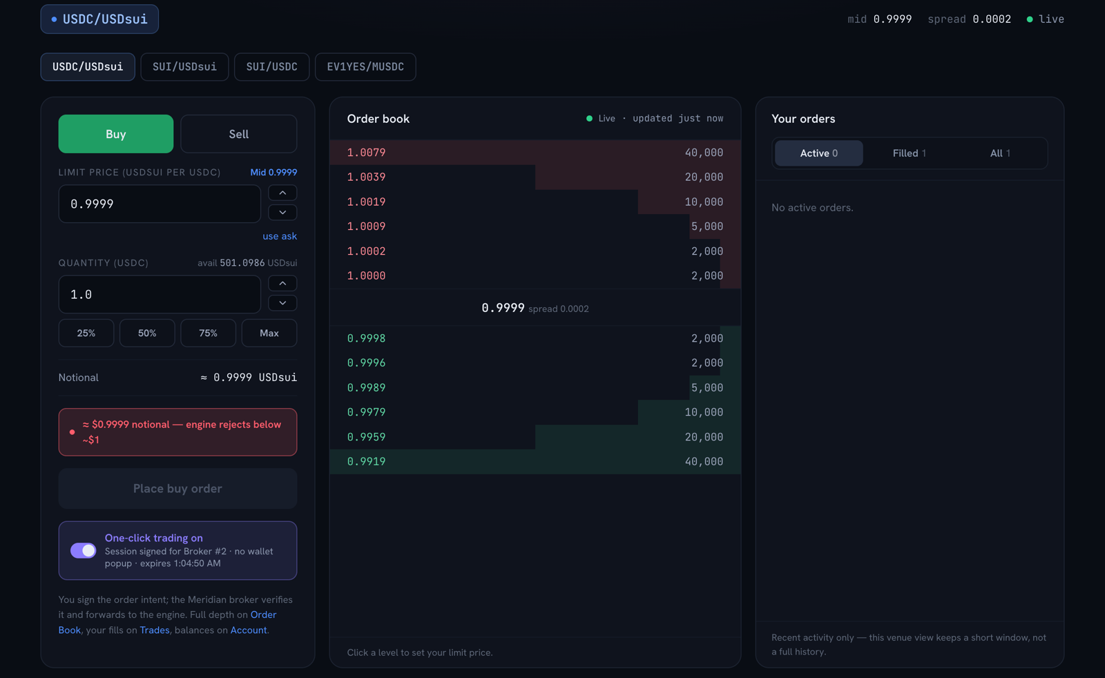 Meridian CLOB on Sui testnet &mdash; order ticket, live six-level order book, and your open orders
