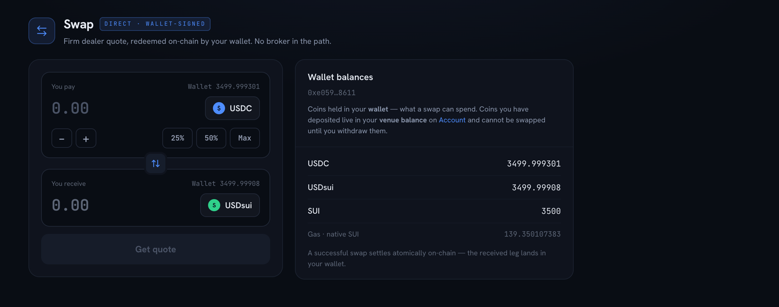 Meridian direct swap on Sui testnet &mdash; a firm dealer quote redeemed on-chain by your own wallet